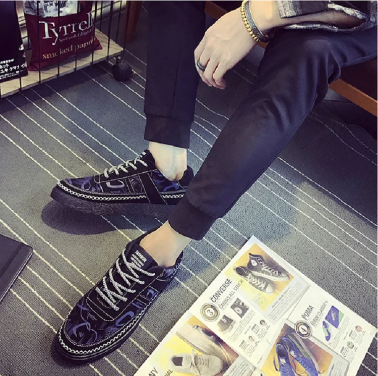 Spring Autumn Man Casual Shoes Canvas Breathable Lace Up Fashion Graffiti Hard-Wearing Korean Walking Flat Shoes Man Sewing (17)