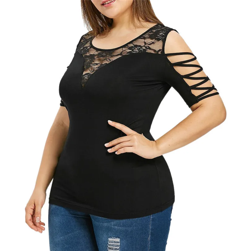 

KWAN_Casual sexy Hollow decoration fashion women's large size Criss cross strapless lace O-neck T-shirt harajuku shirt formal #