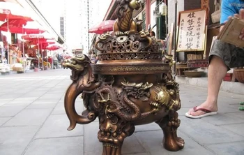 

25 China Red Bronze Copper Two Dragon Foo Dog kylin beast Incense burner Censer