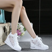 Summer Women Shoes Breathable Mesh Sneakers Flats Lace Loafers Thick Heels Platform Wedges Casual Comfort Creepers