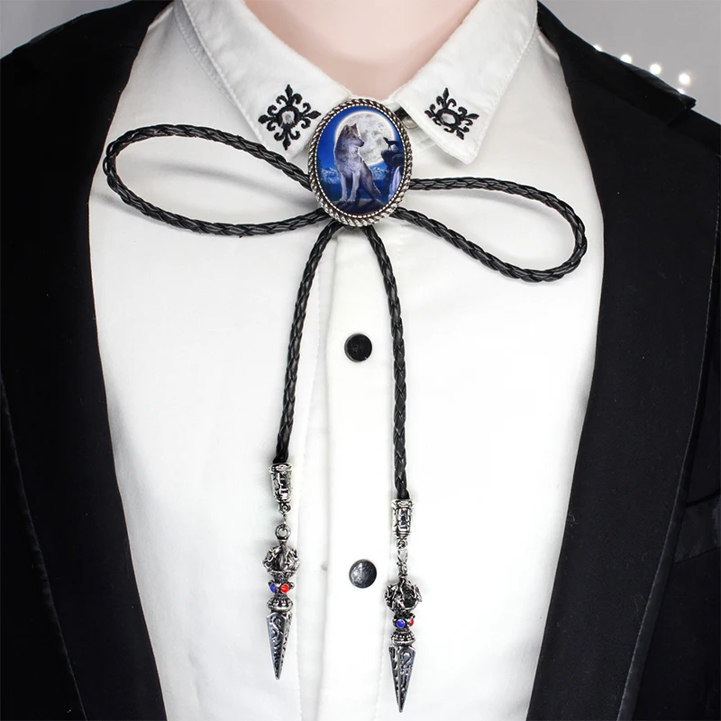 BOLO-0024 New Fairy Howling Wolf Art Oval Bolo Tie Vowboy Hand Craft Slide Western Tie Neck Glass Photo Tie Leather Necklaces - Окраска металла: 3-1