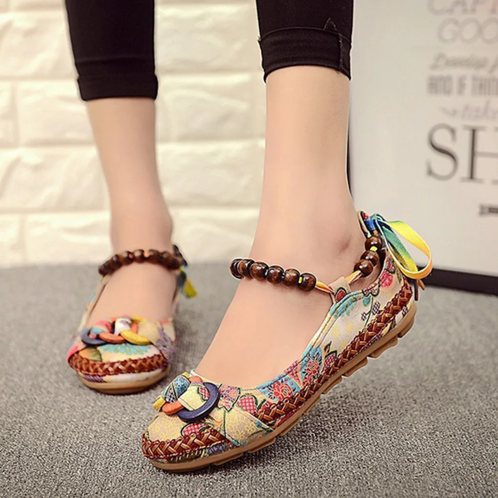 

Spring Women Ethnic Style Beading Round Toe comfy Flats Embroidered Shoes Multicolor Loafers Shoes