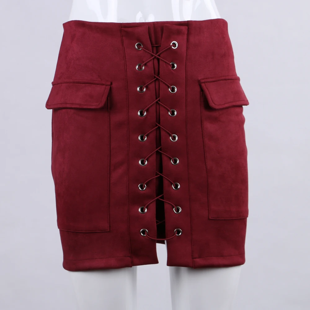Женская Осенняя мягкая замшевая юбка на шнуровке, винтажная серая тонкая розовая короткая юбка с высокой талией, черная зимняя облегающая юбка-карандаш - Цвет: Wine Red