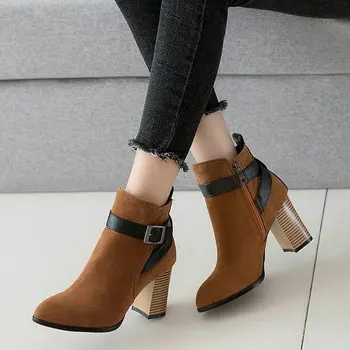 

2019 Autumn Winter Women Ankle Boots Fashion Zipper Ladies Square High Heel Pointed Toe With Buckle Shoes Women Gray Brown Black