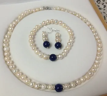 

2014 new fashion charming free shipping 7-8MM White Akoya Cultured Pearl/Lapis Lazuli bracelets necklace earrings set BV61