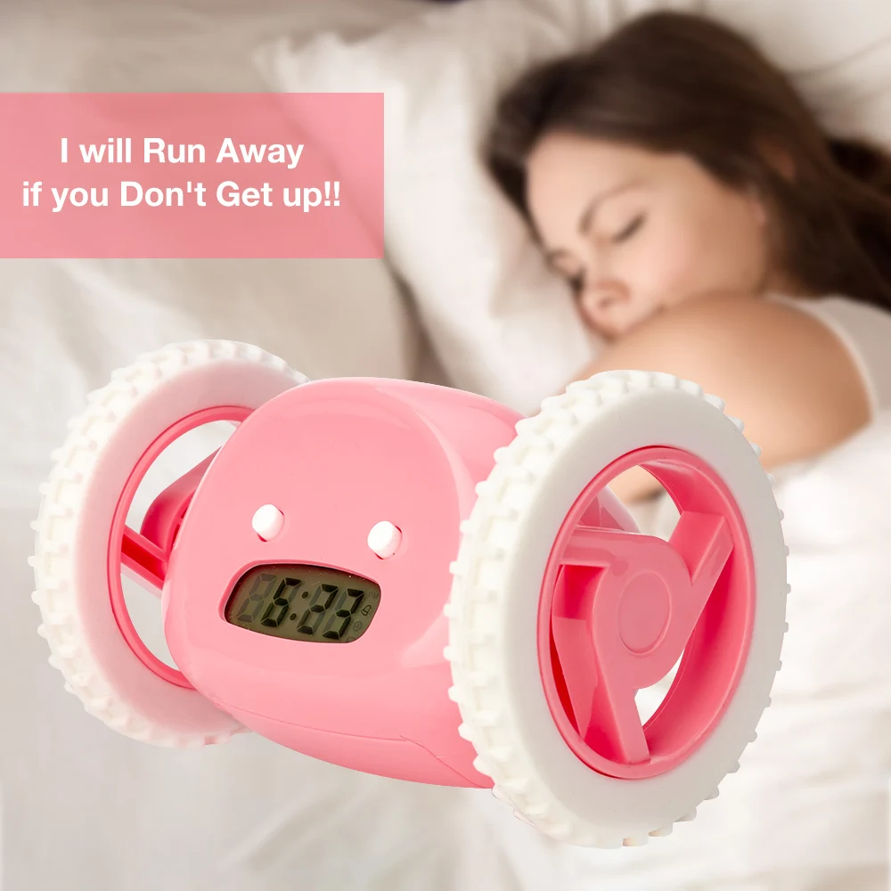 

2019 LCD Screen Display Running Alarm Clock Home Bedroom Living Room Runaway Clock Moving Wheels Clock