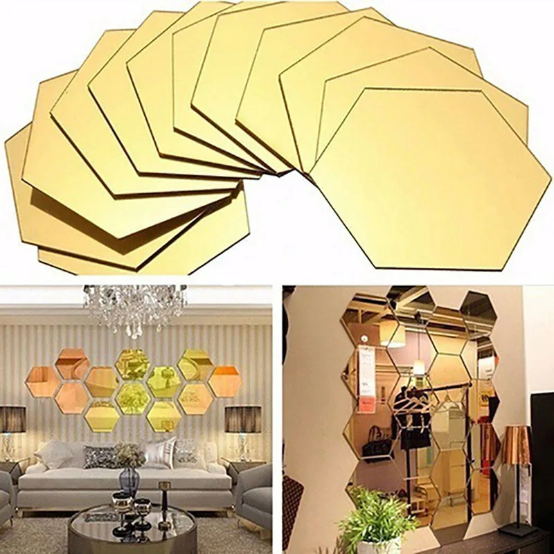 

12Pcs 3D Mirror Hexagon Vinyl Removable Wall Sticker Decal Home Decor Art DIY Acrylic Mirrored Decorative Mirror Wall Stickers