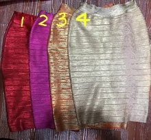 4 Colors Top Quality Celebrity Gold Print Red Pink Orange Gold Knee Length Rayon Bandage Skirt Elegant Party Skirt