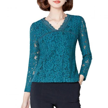 

Autumn Spring Women V Neck Full Sleeve Stretch Yellow Green Black Slim Elastic Lace Shirt , Fall Female Woman 3xl Stretch Shirts