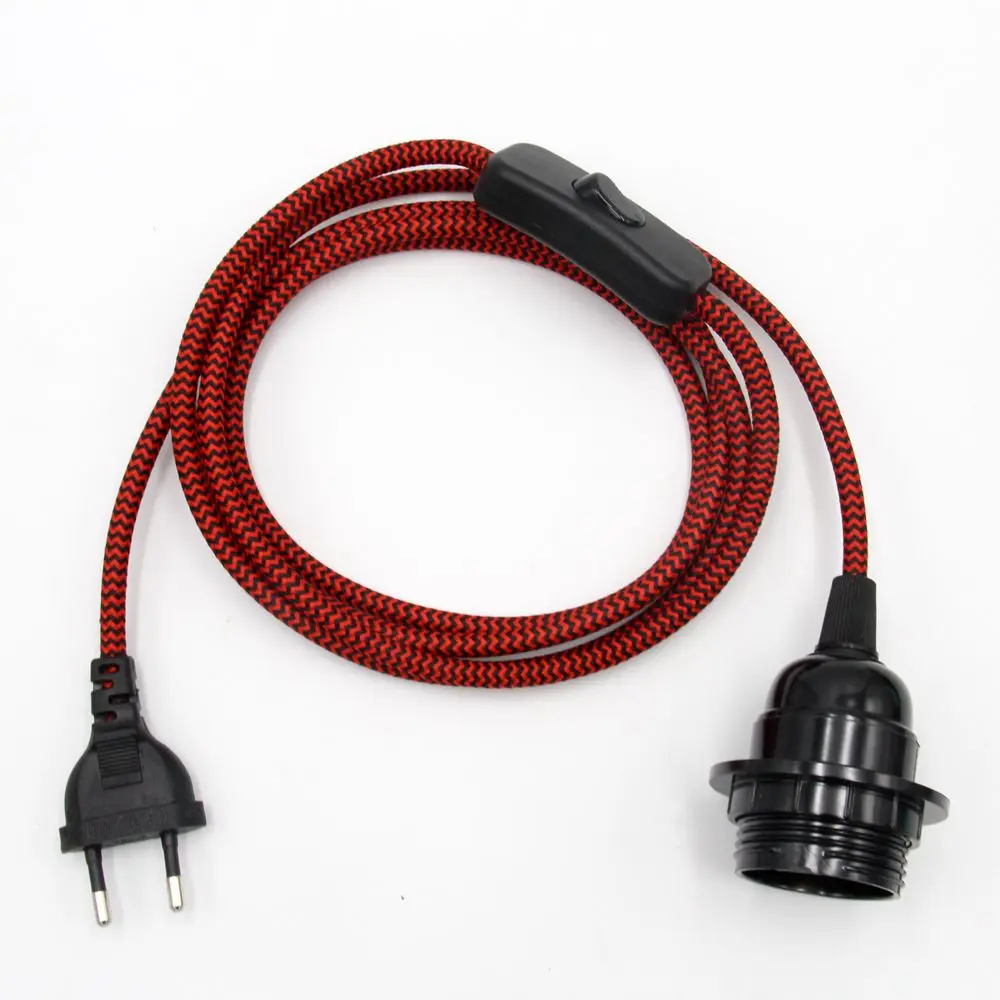 European Plug Power Cord with On/Off Switch and E27 Lamp Holder for Wall or Hanging Light Fixtures, 2m Length