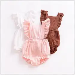 Детские хлопковые белье Летающий комбинезон с длинными рукавами для девочек оборками с перекрестными ремешками марли onesie ребенку