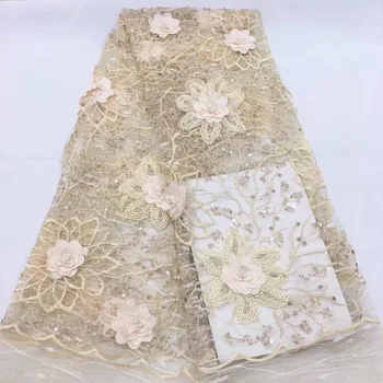 

2018 Gold Wedding Dress Beaded Lace Fabric, Nigerian Lace Fabric For Dress, Beaded Lace Fabric High Quality French Lace