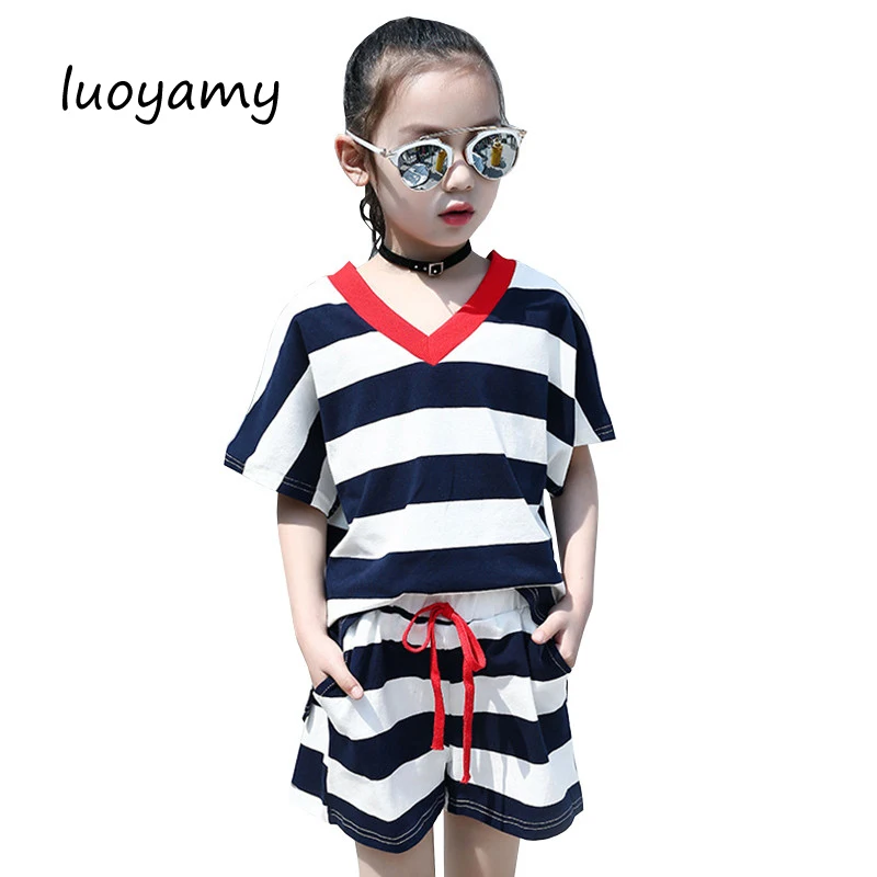 

luoyamy Summer Kids Tie Sport Suit Girls V-neck 2pcs/Set Baby Striped Tracksuit Children's Clothing Casual Shorts Clothes Sets