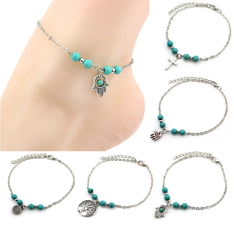 

Boho Women Summer Anklets beach foot chains cross Tree Turtles conch Fatima's hand Ankle Bracelet For Girl Fashion Jewelry