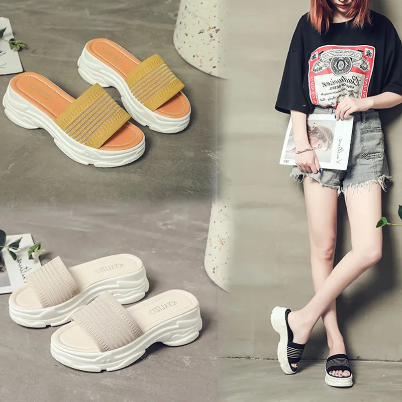 

Women's Slippers 2019 On A Wedge Platform Slides Heeled Mules Woman Shoes Luxury New Summer Sliders Heels Designer Rubber