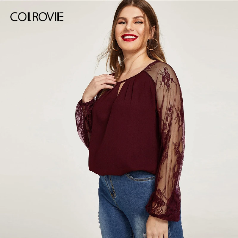 COLROVIE размера плюс, бордовая вышивка, кружево, вырез-капелька, Элегантная блузка, женские топы, весна, Офисная винтажная рубашка с длинным рукавом