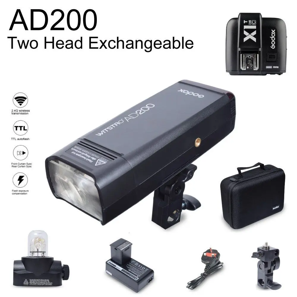 

Godox AD200 2.4G TTL 1/8000s HSS 2900mAh Double Head Pocket Flash Speedlite with X1T-C Flash Trigger Transmitter for Canon