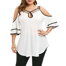 ROSE GAL Plus Size Women Summer T-shirts 5XL Open Cold Shoulder Tunic Top Female Shirts Blusas Keyhole Strap Sequins T-shirt light blue cold shoulder thin strap top