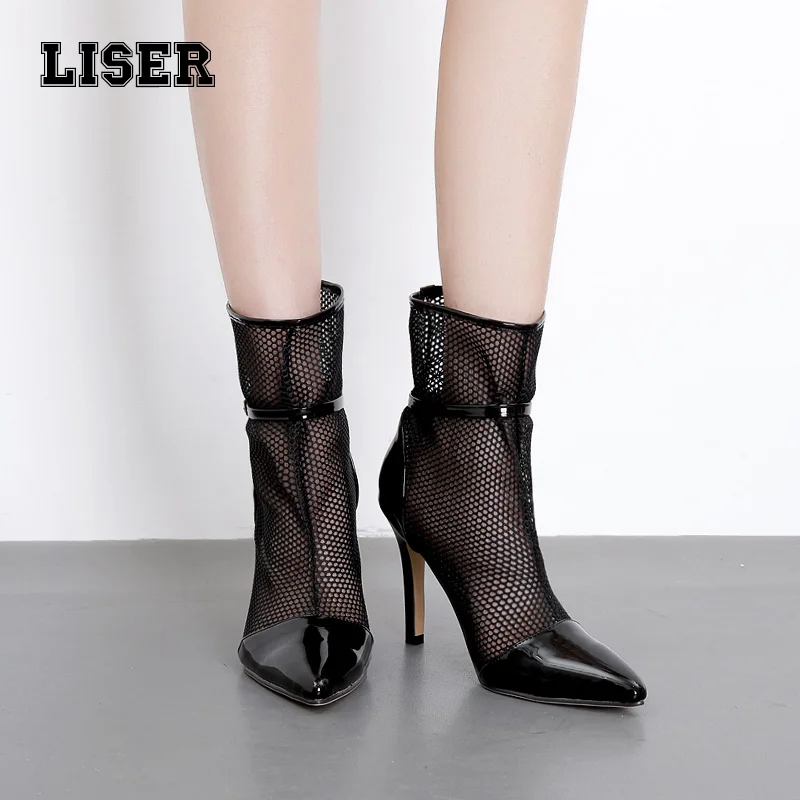 

women mesh upper ankle boots patent leather pointed toe high stiletto heels 100mm 2019 summer autumn black office dress booties