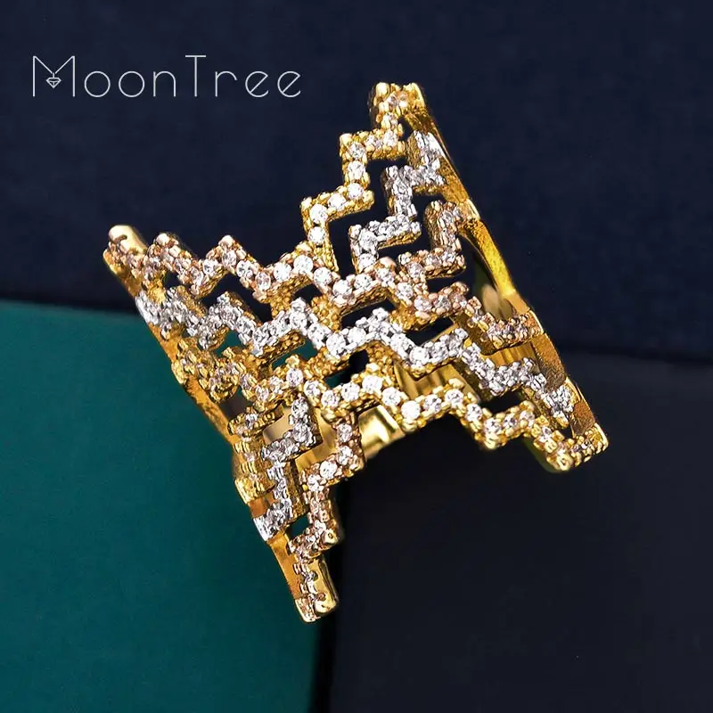 

MoonTree Luxury Special Waves Line Full Mirco Cubic Zirconia 3 Tone Copper Party Wedding Saudi Arabic Dubai Ring