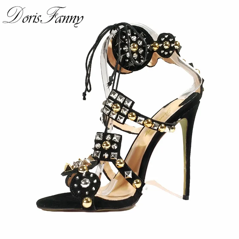 

DorisFanny sandalias mujer 2018 New Gold Silver Rivets Black Suede Women high heel sandals Punk Woman Lace Up Party Shoes