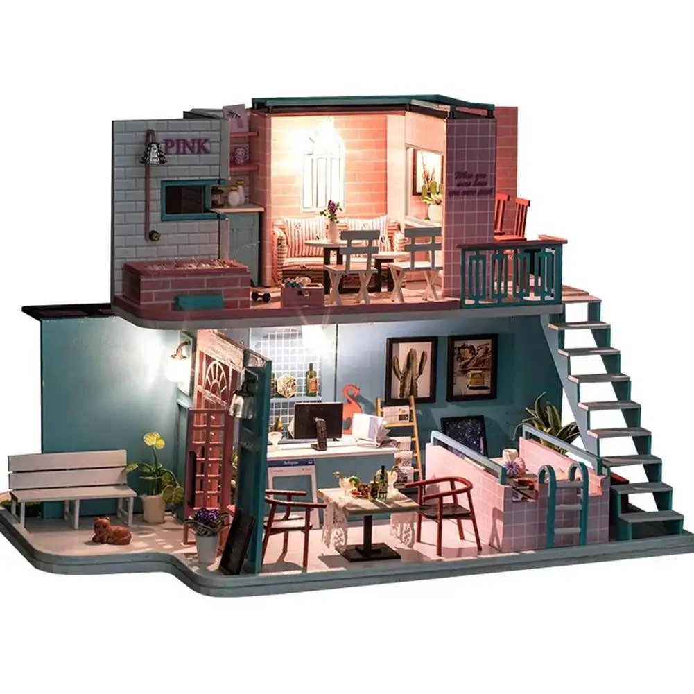 

DIY Cabin Powder Cafe Fashion Trend Cottage Creative Craft Toy Simulation Wooden Doll House Toys For Children Birthday Gifts