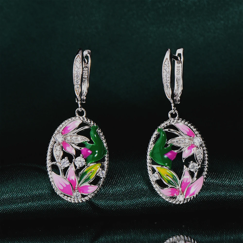 

RainMarch Flower Enamel Silver Stud Earrings for Women 925 Sterling Silver Earring Pendientes Brincos Engagement Earring Jewelry