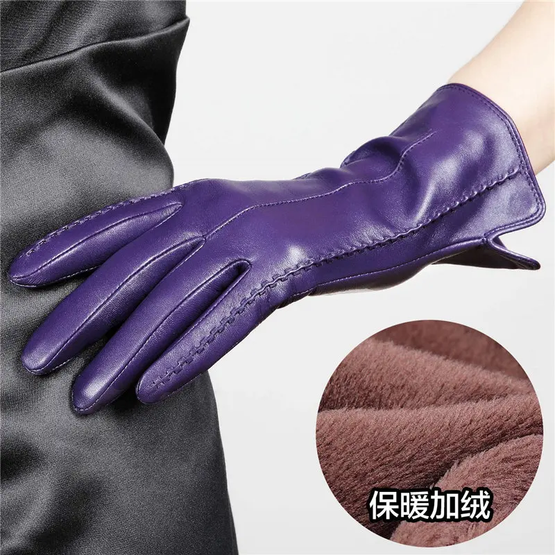 purple Женские перчатки из натуральной кожи женские новые стильные теплые плюшевые с подкладкой осень зима овчина вождения варежки L085NC4 - Цвет: purple