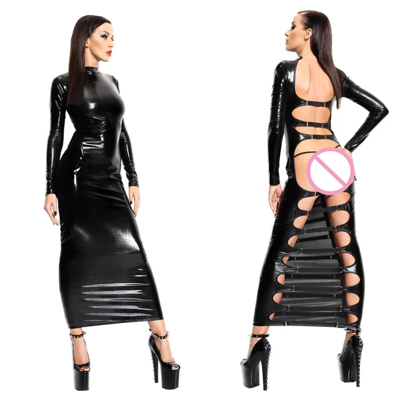 

Sexy Wetlook Faux Leather Dress Nightclub DS Open Back Long Sleeves Exotic Erotic Long Dress