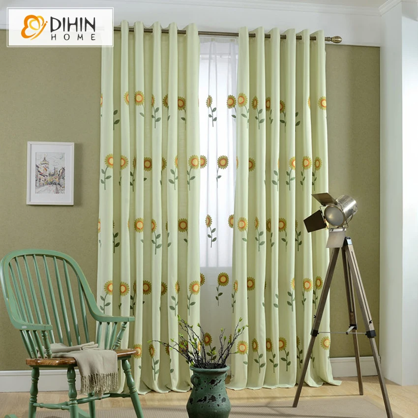 Linen/Cotton Sunflower Blackout Curtains For Living Room Embroidered