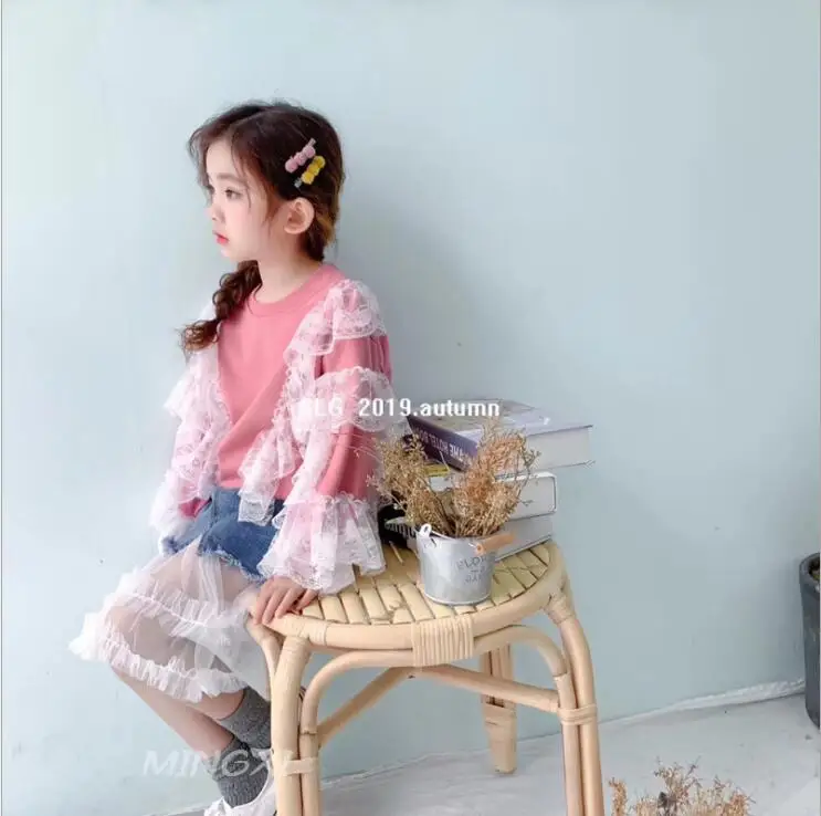 

2019 Korean style girls ruffles t-shirt cotton lace fashion autumn girls sweatshirt 3-8t C57