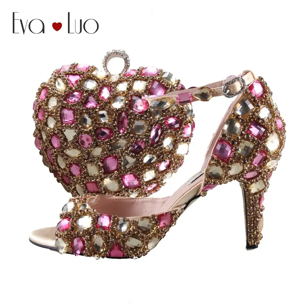 rose gold sandals and matching bag