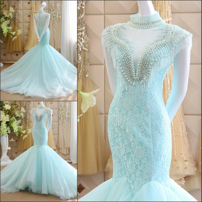 

2020 New Design Sexy Mermaid Evening Dress With Lace Pearls Light Blue Long Luxury Muslim Formal Dresses Robe De Soiree IZ528