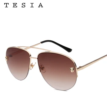 

TESIA Brand Designer Men Sunglasses Metal Frame With Leopard Head Half Frame Sun Glasses Female Lunette T1007