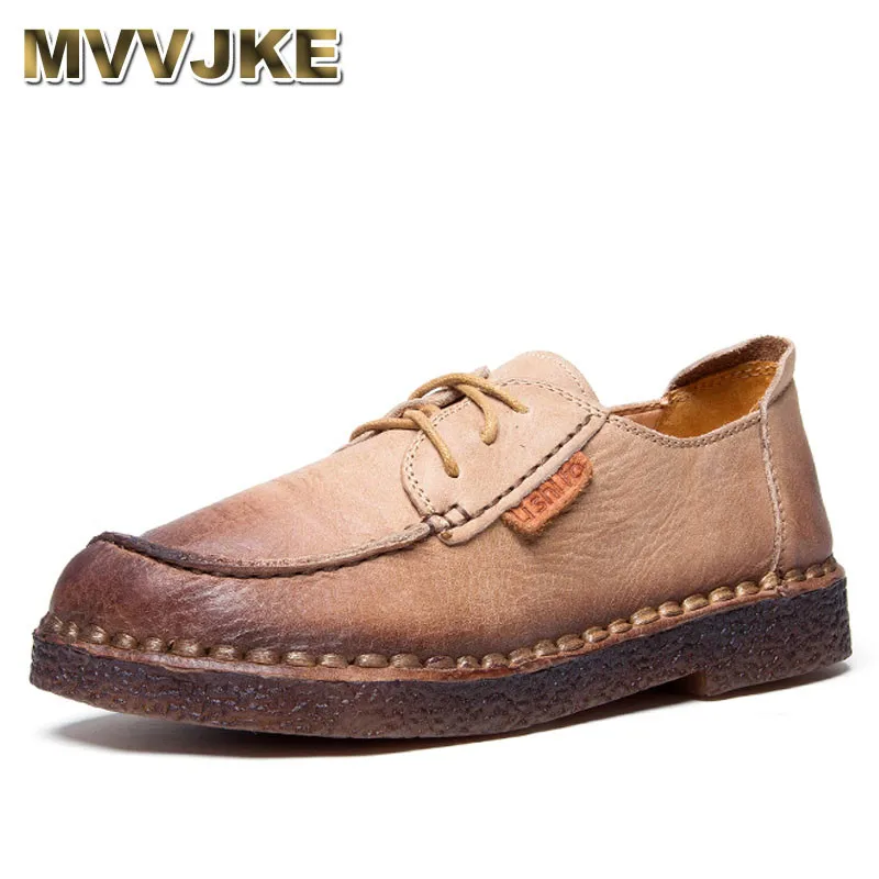 

MVVJKE Autumn Moccasins For Women Genuine Leather Shoes Flats Footwear Casual lace round toe Retro Shoes Large Size Shoe Women
