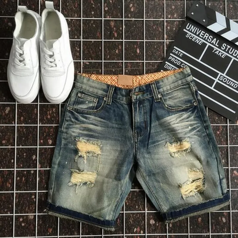 

Top Brand Summer Retro Washed Mens Casual Shorts Slim Fit Straight Jeans For Male Size 28-36 Ripped Hole Short Jeans