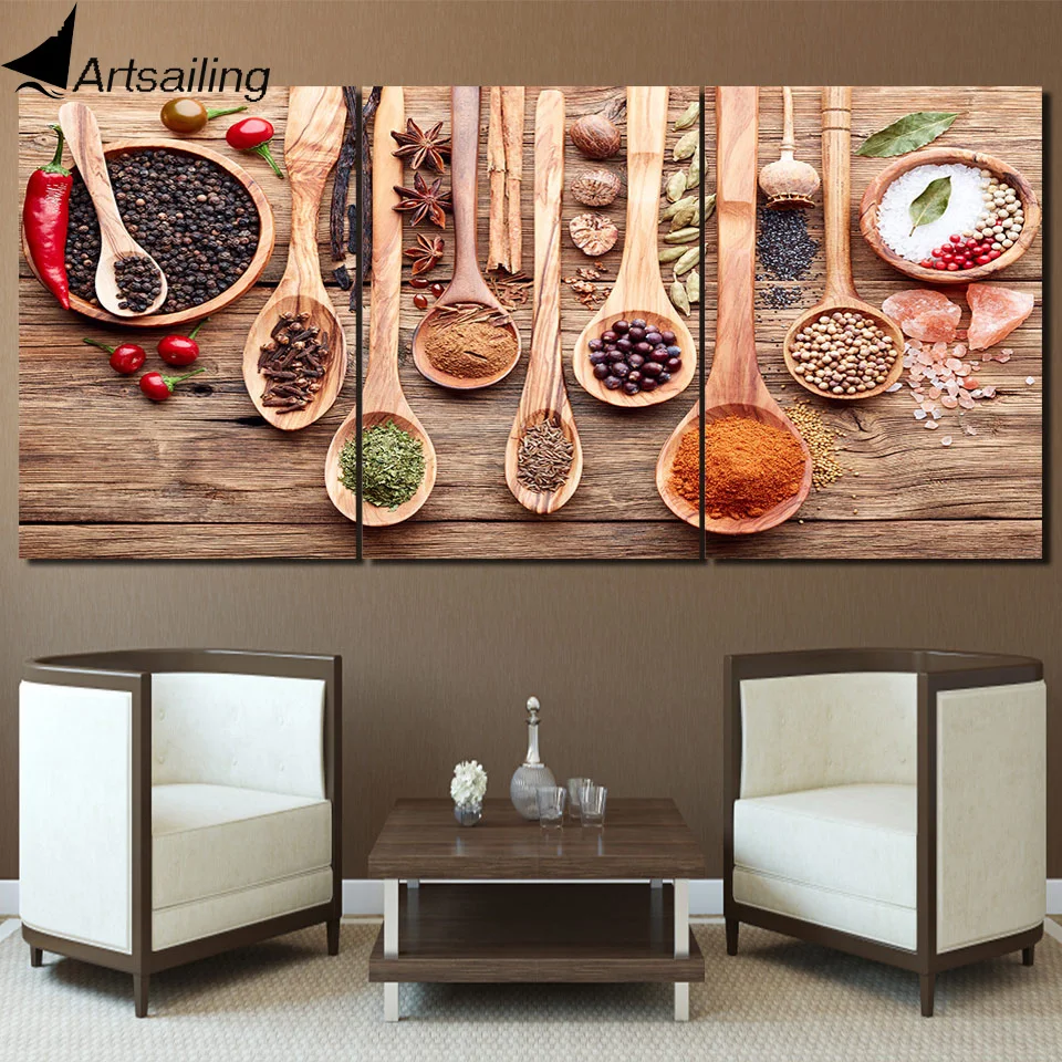 

HD printed 3 Piece Spoon Spices food Canvas Paintings for kitchen dining room restaurant Wall decor Canvas Framed 3 Panel