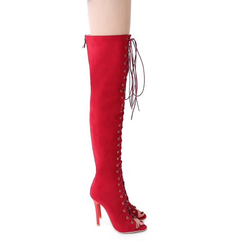 Faux Suede Slim Boots Sexy Over The Knee High Women Thigh High Boots Gladiator Shoes Woman Boots Lace Up Peep Toe Shoes