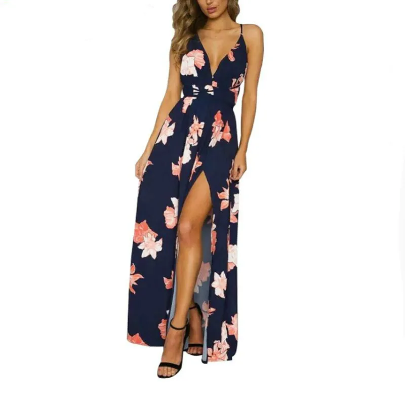 

2018 boho deep v neck backless long women dress chiffon split cross lace up summer dress Sleeveless beach maxi dress vestidos