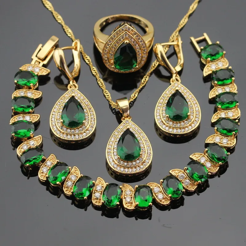 Зеленые камни золотого цвета наборы свадебных ювелирных изделий для женщин браслет серьги ожерелье кулон кольца подарочная коробка