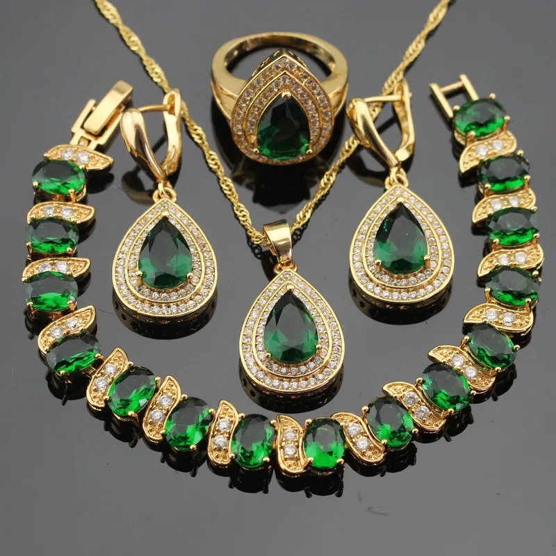 Green Stones Gold Color Bridal Jewelry Sets For Women Bracelet Earrings