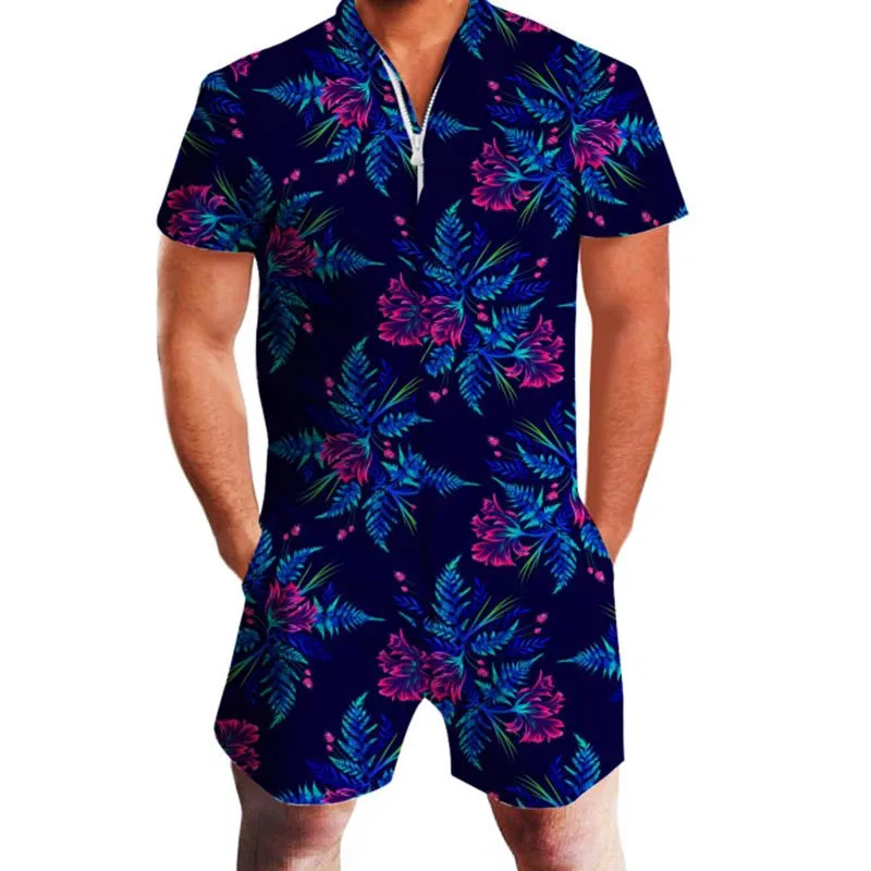 

Floral 3D Print US Flag Men Rompers Patchwork Jumpsuit Summer Hoiday Hawaiian Playsuit Overalls One Piece Slim Fit Men's Sets