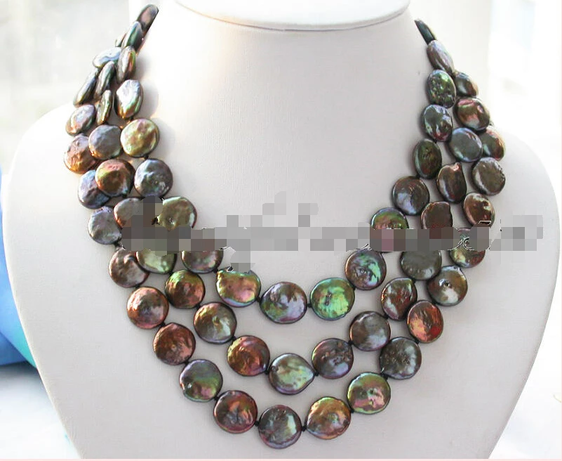 

shipping Z3245 3row 14mm black coin freshwater pearl necklace SIVLER CLASP