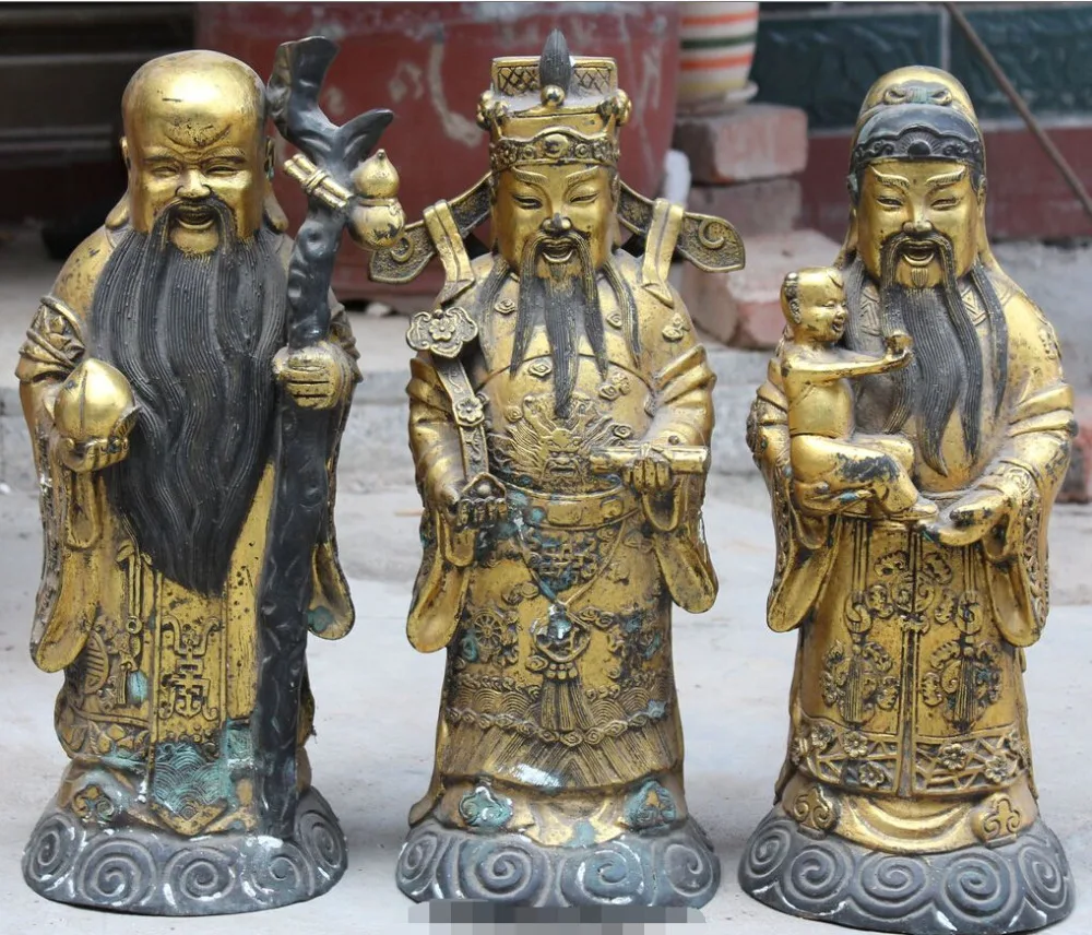 

16"Chinese Bronze Gild Stand 3 Longevity God Fu Lu Shou Wealth Mammon Statue Set D0318
