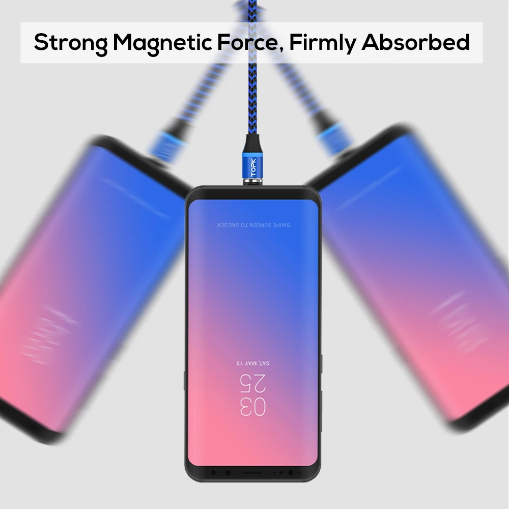TOPK R-Line3 LED magnético Cable para iPhone 7 6X8 SE iPad de Nylon trenzado de Cable USB a Micro USB y USB cable de tipo C para Samsung Xiaomi