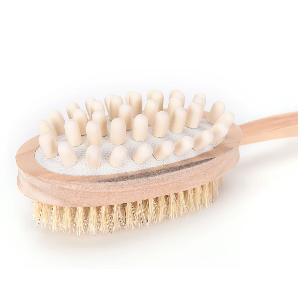 1Pcs 35cm 2 in 1 Sided Natural Bristles Scrubber Long Handle Wooden Spa
