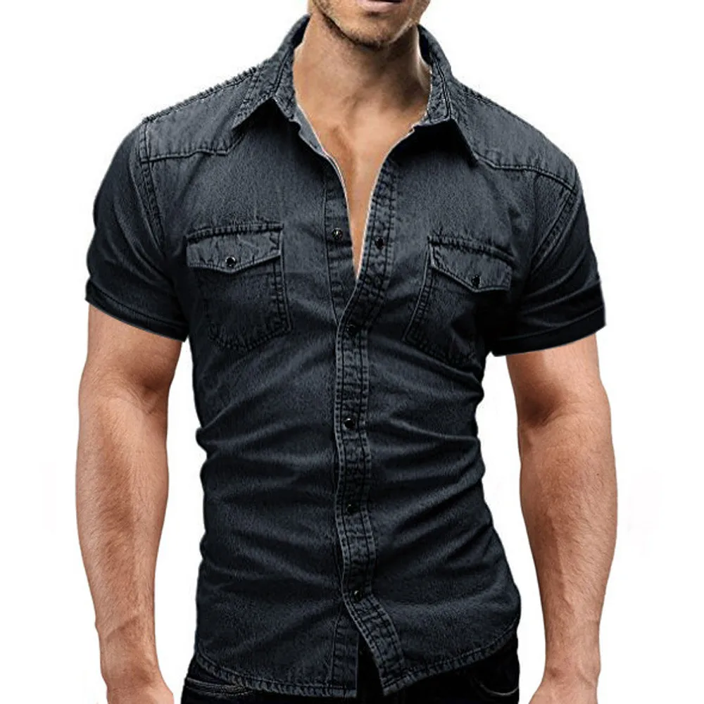 denim shirt men summer Fashion Casual Lapel shirt men short sleeve camisa hombre button up men jeans shirt Pocket d90629 - Color: Black