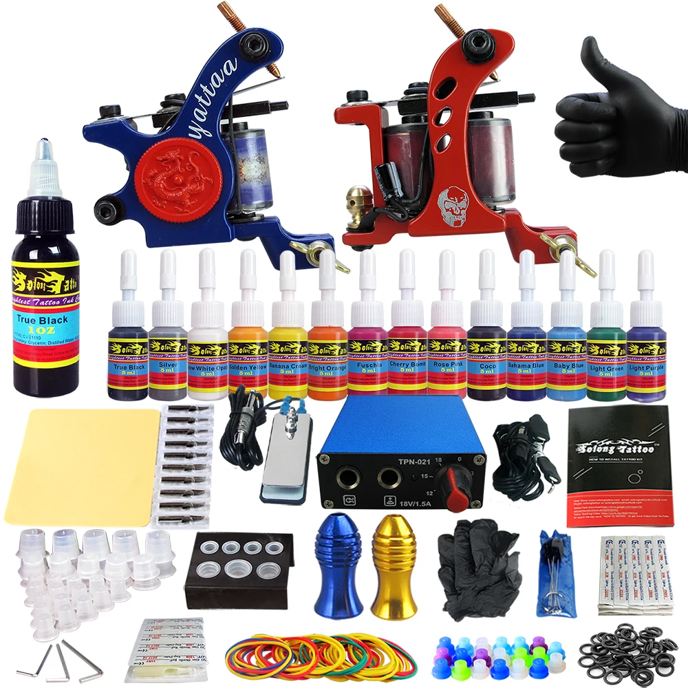 

Solong Tattoo Complete Tattoo Kits 2 Machine Gun Beginner Tattoo Set 14 Inks Needle Grips Foot Petal Power Supply TK203-35