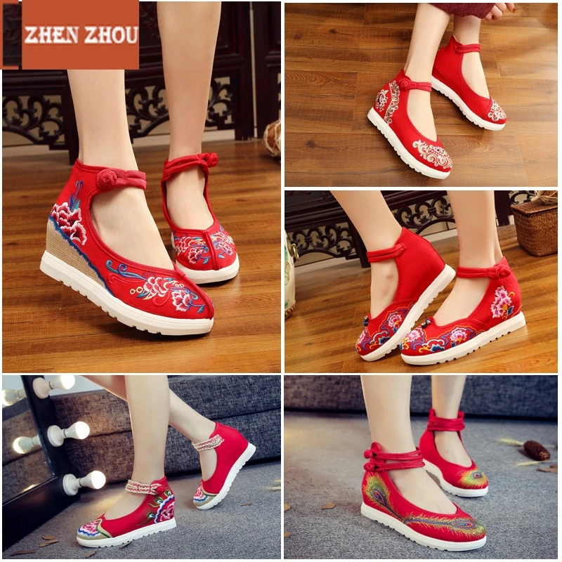 Women Canvas Increasing Height Ankle Strap Spring Autumn Shoes China Style Vintage Embroiders Wedges Heels Lady Shoes 2019