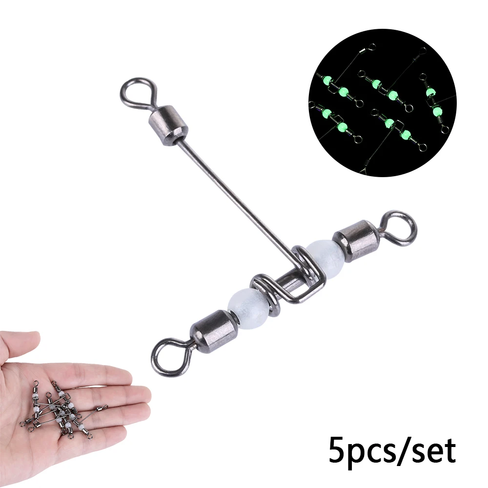 

5PCS/Lot 3 Way Luminous T-shape Fishing Swivels Fishhooks Connector Cross Line Rolling Swivel With Pearl Beads Fishing Tool